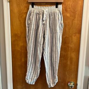 Rewash Beige, Blue and White Striped Linen Blend Joggers
